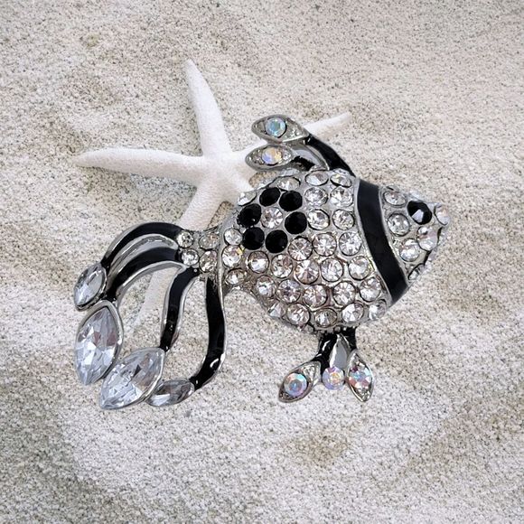 SilverTone Black Enamel Round Marquise Black and White Czech Crystal Fish Pin - Picture 4 of 4